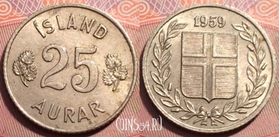 Исландия 25 эйре 1959 г., редкий год, KM# 11, 249-091
