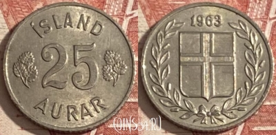 Исландия 25 эйре 1963 года, KM# 11, 358r-040 ♛