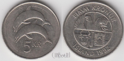 Исландия 5 крон 1992 года, KM# 28, 134-048