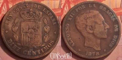 Испания 10 сентимо 1878 года, KM# 675, 337l-077