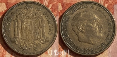 Испания 2 1/2 песеты 1953 года, KM# 785, 462r-429 ♛