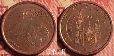 Испания 2 евроцента 2000 года, KM# 1041, 168j-103