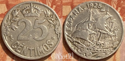 Испания 25 сентимо 1925 года, KM# 740, 461q-310 ♛