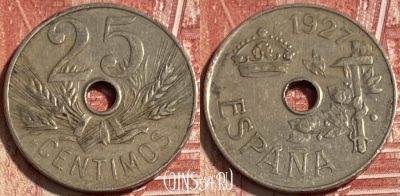 Испания 25 сентимо 1927 года, KM# 742, 069s-010