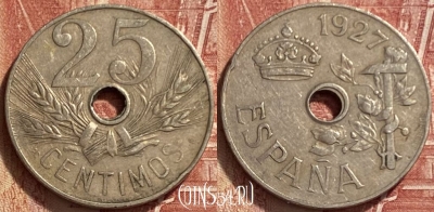Испания 25 сентимо 1927 года, KM# 742, 316q-001