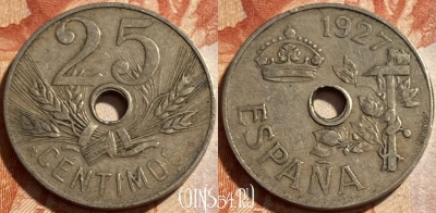 Испания 25 сентимо 1927 года, KM# 742, 494р-103 ♛