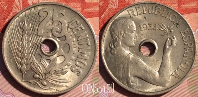 Испания 25 сентимо 1934 года, KM# 751, 115d-077