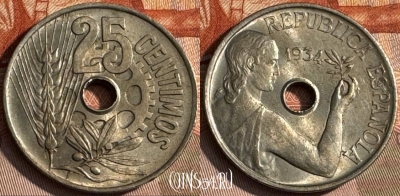 Испания 25 сентимо 1934 года, KM# 751, 139s-038 ♛