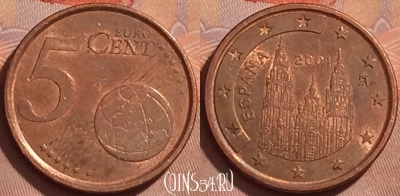 Испания 5 евроцентов 2001 года, KM# 1042, 366k-075