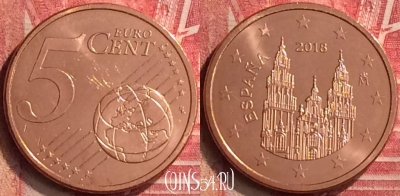 Испания 5 евроцентов 2018 года, KM# 1046, UNC, 298m-062