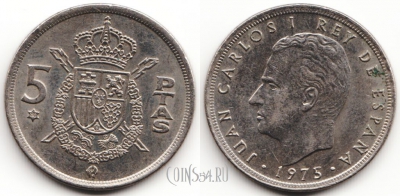 Испания 5 песет 1975 года, см. состояние, 54-144