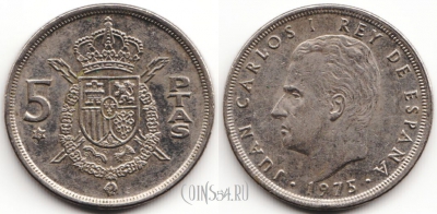 Испания 5 песет 1975 года, см. состояние, 54-146