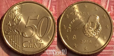 Испания 50 евроцентов 2018 года, KM# 1049, UNC, 309m-010