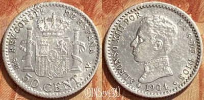 Испания 50 сентимо 1904 года Ag, KM# 723, 461q-368 ♛