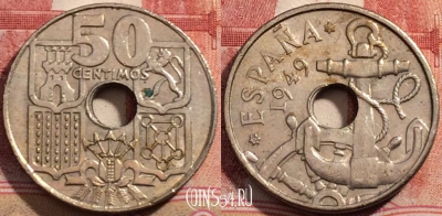 Испания 50 сентимо 1949 года, KM# 777, 207-062