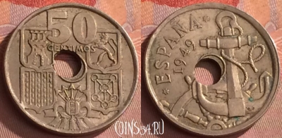 Испания 50 сентимо 1949 года, KM# 777, 277o-037