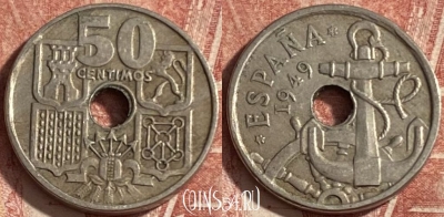 Испания 50 сентимо 1949 года, KM# 777, 278p-068