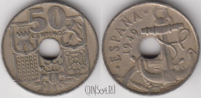 Испания 50 сентимо 1949 года, KM# 777, 131-098