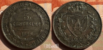 Сардиния 3 чентезимо 1826 г., голова орла, 326s-014 ♛