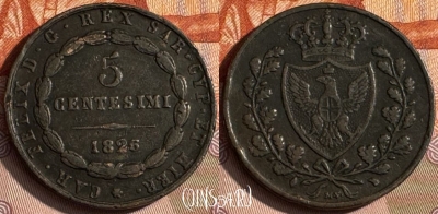 Сардиния 5 чентезимо 1826 г., KM# 127, 139s-027 ♛