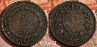 Сардиния 5 чентезимо 1826 года, KM# 127, 162s-011