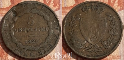 Сардиния 5 чентезимо 1826 г., гнутая, KM# 127, 498р-144 ♛