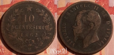 Италия 10 чентезимо 1862 года M, KM# 11, 435-144