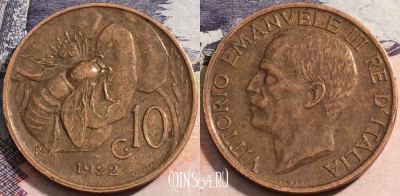 Италия 10 чентезимо 1922 года, KM# 60, 167-124