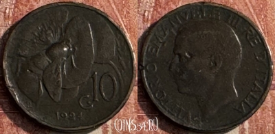 Италия 10 чентезимо 1924 года, KM# 60, 121s-121