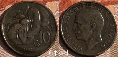 Италия 10 чентезимо 1927 г., гнутая, KM# 60, 135s-036