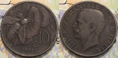 Италия 10 чентезимо 1928 года, KM 60, 124-028