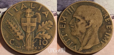 Италия 10 чентезимо 1943 года, KM# 74a, a066-123