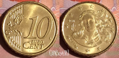 Италия 10 евроцентов 2011 года, KM# 247, 205c-094