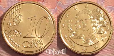 Италия 10 евроцентов 2014 года, KM# 247, UNC, 098k-064