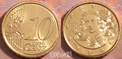 Италия 10 евроцентов 2014 года, KM# 247, UNC, 112k-061