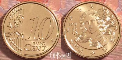 Италия 10 евроцентов 2018 года, KM# 247, UNC, 102k-038