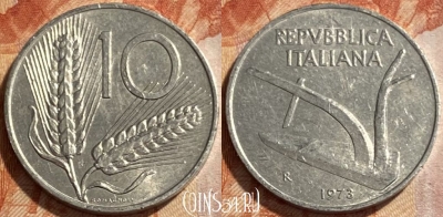 Италия 10 лир 1973 года, KM# 93, 493р-093