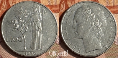 Италия 100 лир 1959 года, KM# 96.1, 249s-044