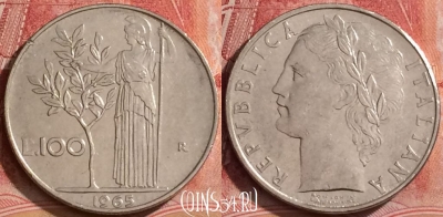 Италия 100 лир 1965 года, KM# 96.1, 379k-030