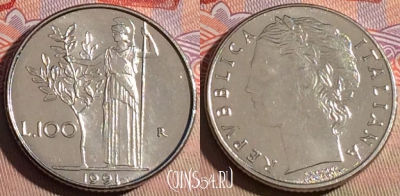 Италия 100 лир 1991 года, KM# 92.2, 218a-081