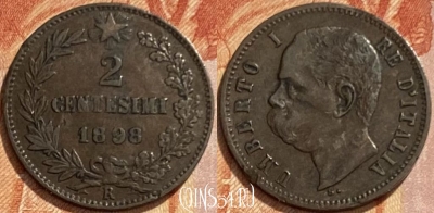 Италия 2 чентезимо 1898 года, KM# 30, 461q-090 ♛