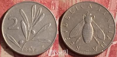 Италия 2 лиры 1954 года, KM# 94, 453o-138