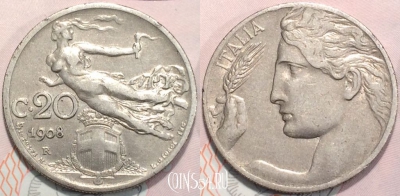 Италия 20 чентезимо 1908 года, KM 44, 124-001