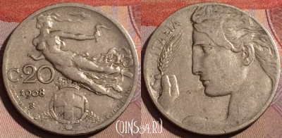 Италия 20 чентезимо 1908 года, KM# 44, 184b-110