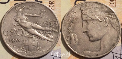 Италия 20 чентезимо 1908 года, KM# 44, 205-016