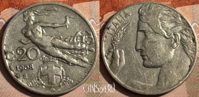 Италия 20 чентезимо 1908 года, KM# 44, 254s-093 ♛