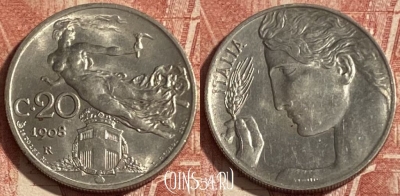 Италия 20 чентезимо 1908 года, KM# 44, 255p-066 ♛