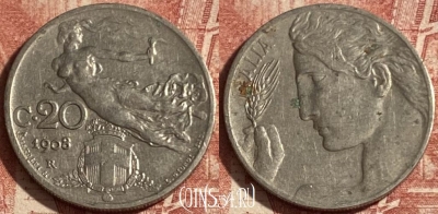 Италия 20 чентезимо 1908 года, KM# 44, 255p-067 ♛
