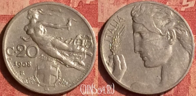 Италия 20 чентезимо 1908 года, KM# 44, 384o-106