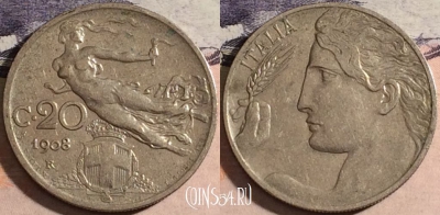 Италия 20 чентезимо 1908 года, KM# 44, a066-125